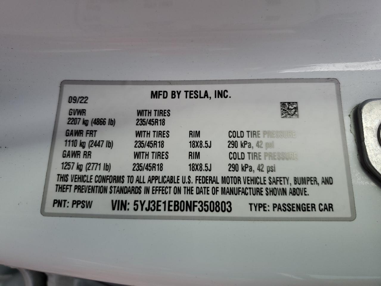 2022 TESLA MODEL 3 VIN:5YJ3E1EB0NF350803
