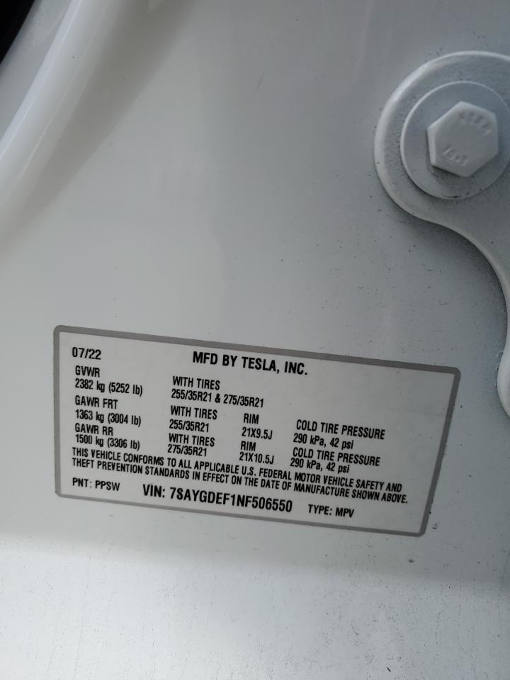 2022 TESLA MODEL Y VIN:7SAYGDEF1NF506550