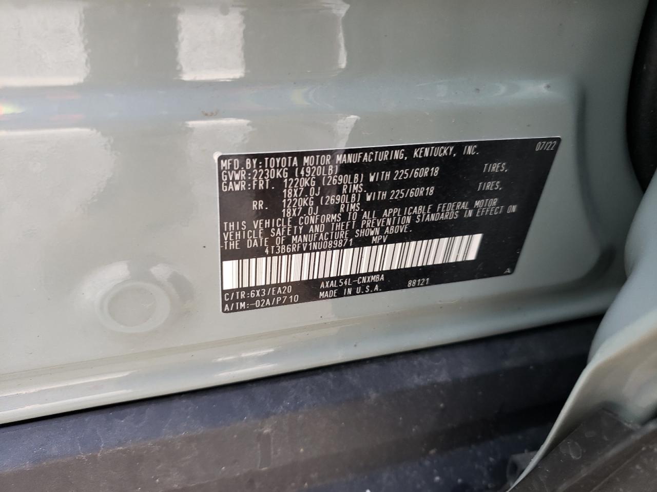 2022 TOYOTA RAV4 XLE PREMIUM VIN:4T3B6RFV1NU089871