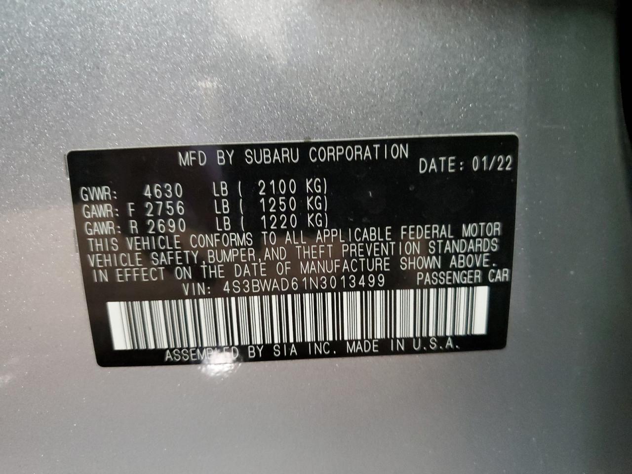 2022 SUBARU LEGACY PREMIUM VIN:4S3BWAD61N3013499