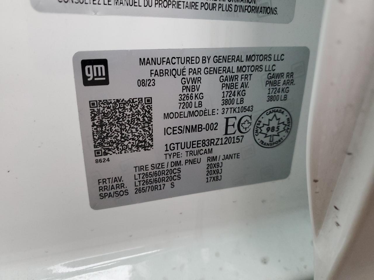 2024 GMC SIERRA K1500 AT4 VIN:1GTUUEE83RZ120157