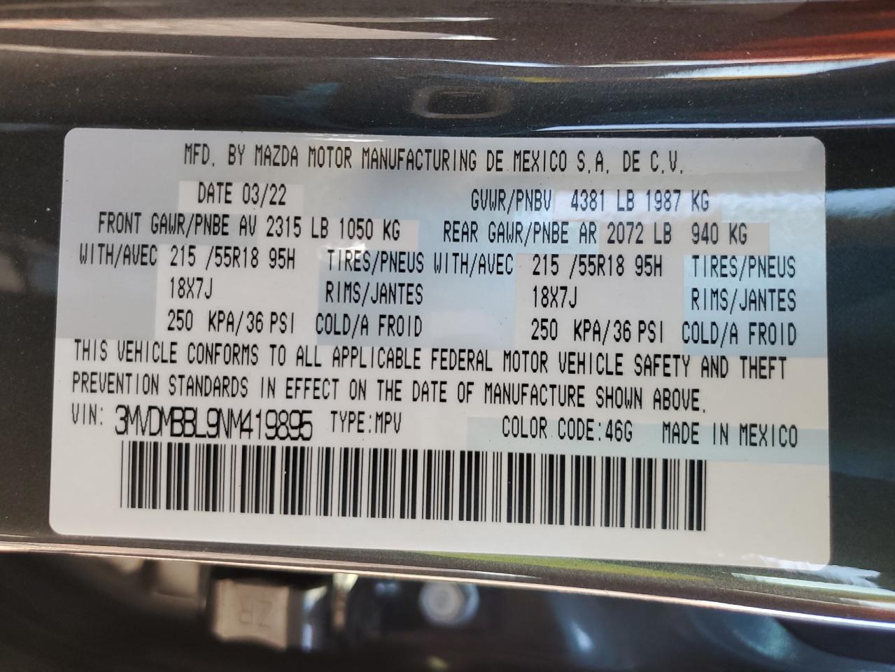2022 MAZDA CX-30 SELECT VIN:3MVDMBBL9NM419895
