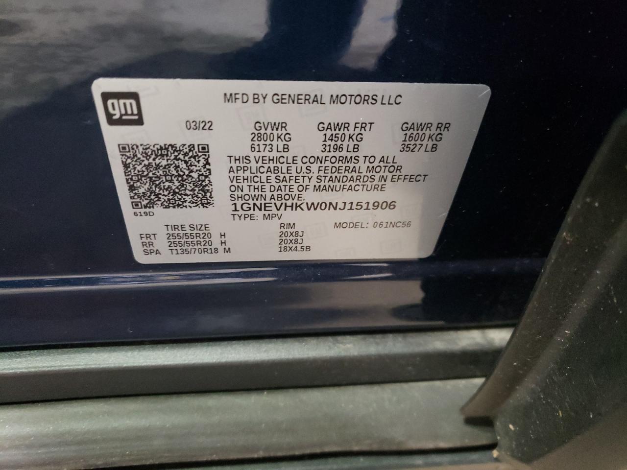 2022 CHEVROLET TRAVERSE LT VIN:1GNEVHKW0NJ151906