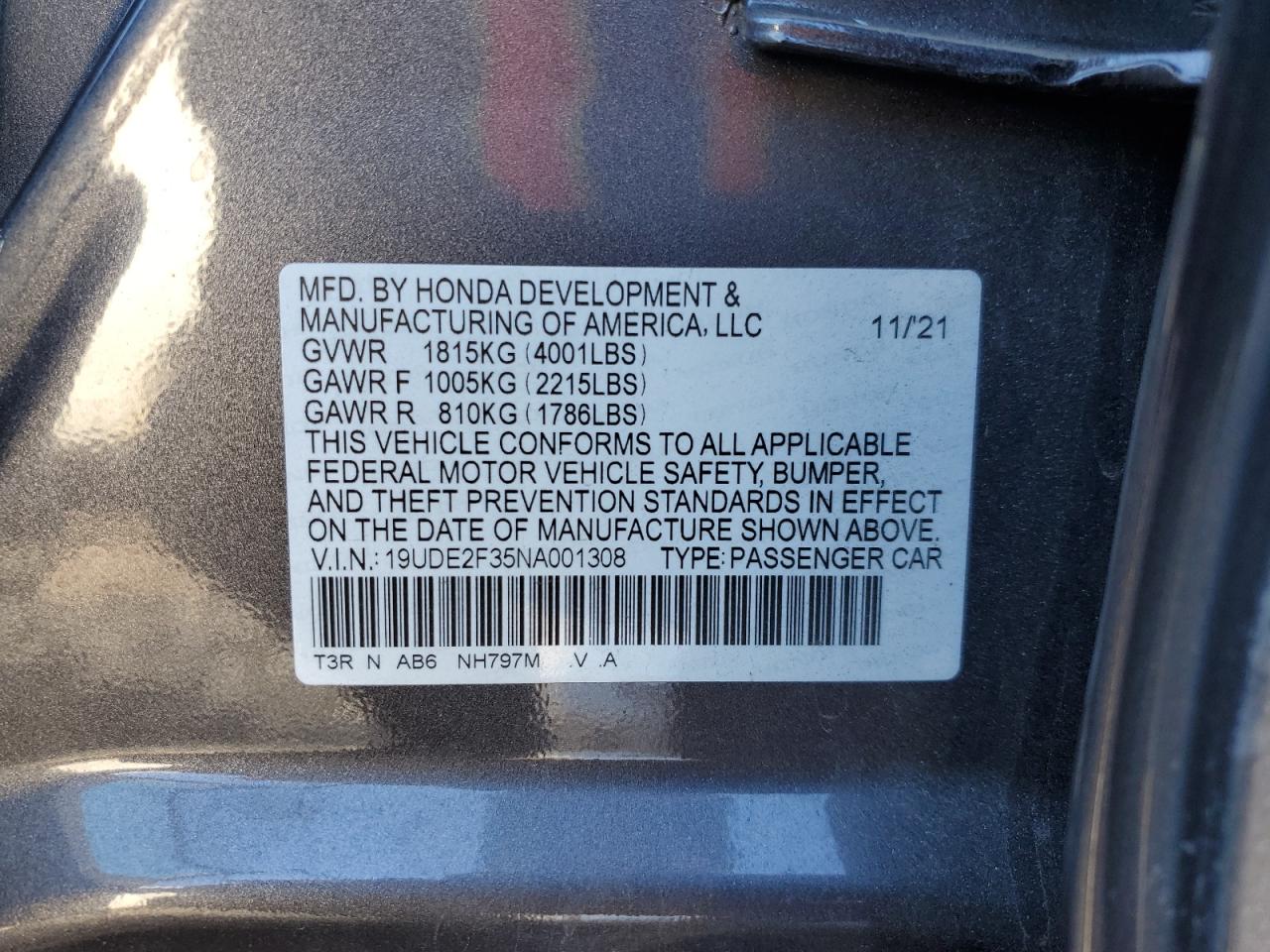 2022 ACURA ILX VIN:19UDE2F35NA001308