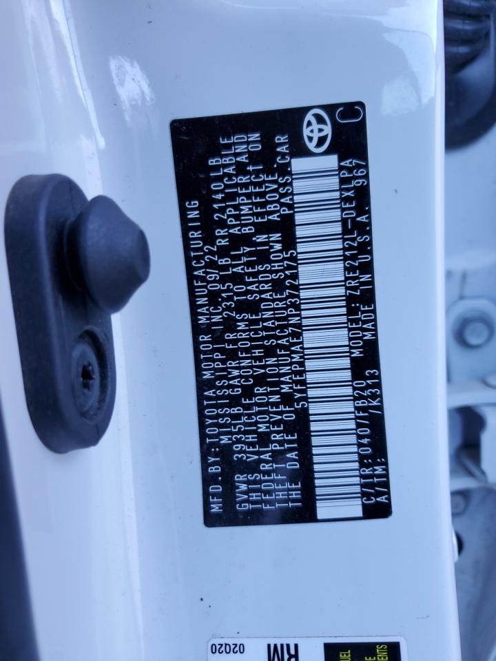 2022 TOYOTA COROLLA LE VIN:5YFEPMAE7NP372175