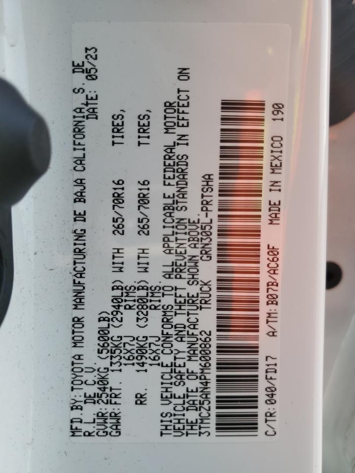 2023 TOYOTA TACOMA DOUBLE CAB VIN:3TMCZ5AN4PM600862