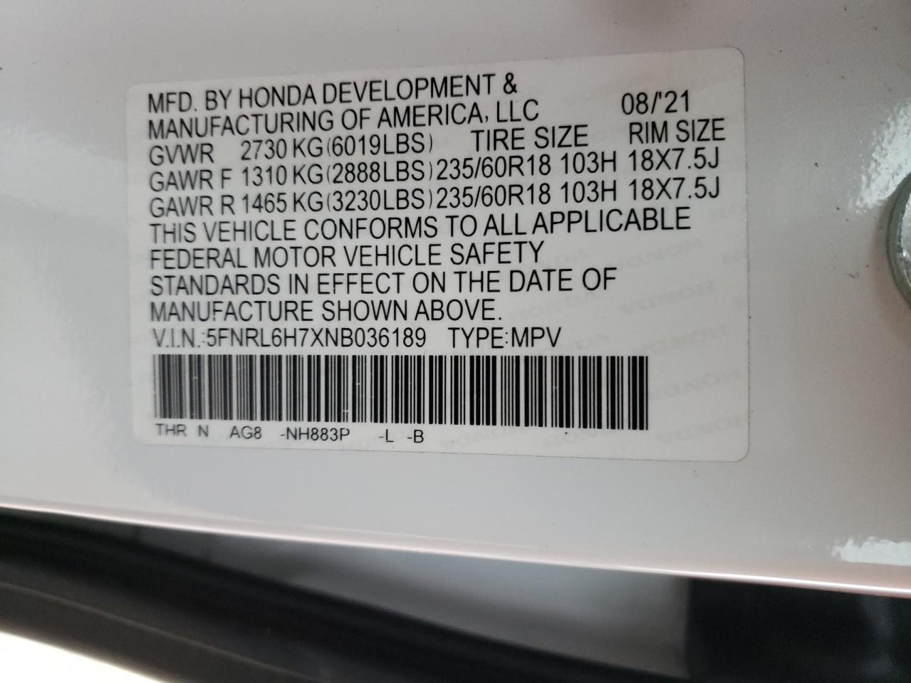 2022 HONDA ODYSSEY EXL VIN:5FNRL6H7XNB036189