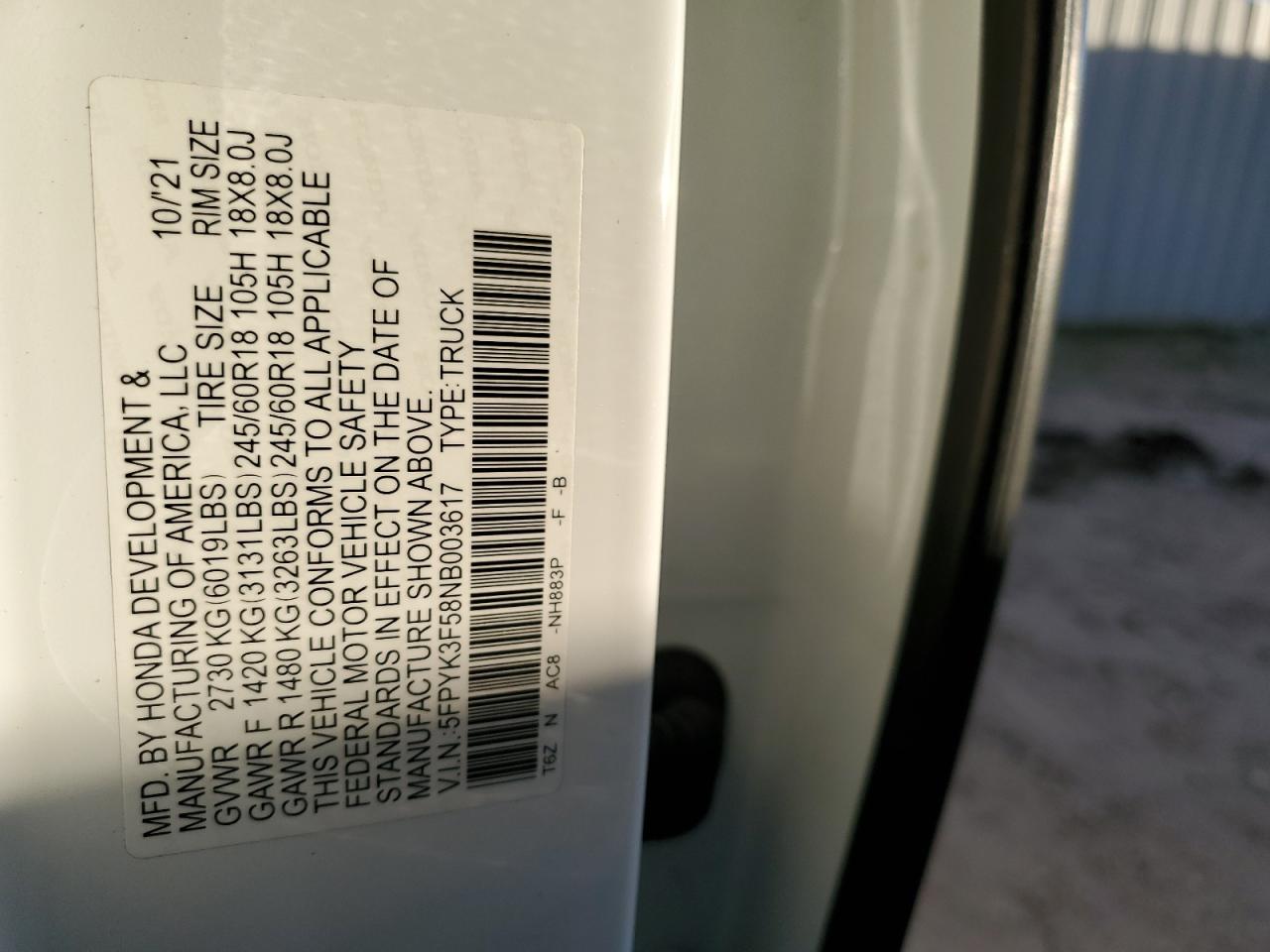 2022 HONDA RIDGELINE RTL VIN:5FPYK3F58NB003617
