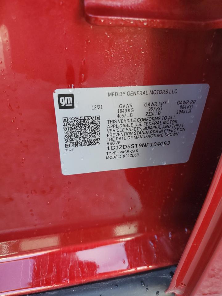 2022 CHEVROLET MALIBU LT VIN:1G1ZD5ST9NF104063