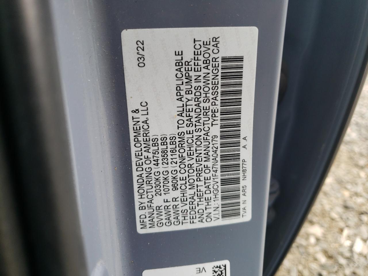 2022 HONDA ACCORD SPORT SE VIN:1HGCV1F47NA042179