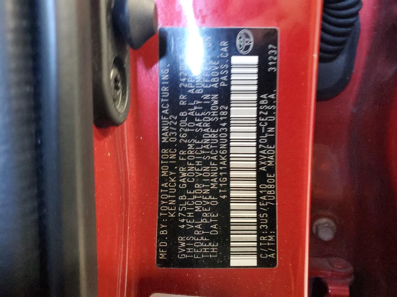 2022 TOYOTA CAMRY SE VIN:4T1G11AK6NU034182