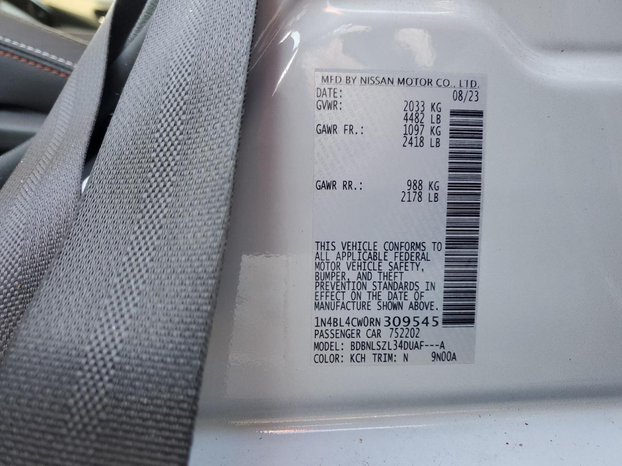 2024 NISSAN ALTIMA SR VIN:1N4BL4CW0RN309545