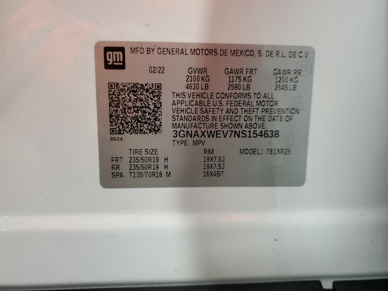 2022 CHEVROLET EQUINOX RS VIN:3GNAXWEV7NS154638