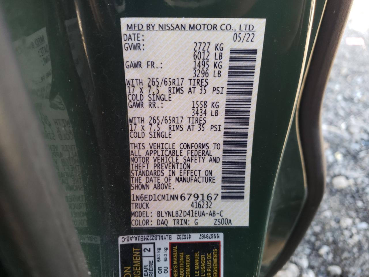 2022 NISSAN FRONTIER S VIN:1N6ED1CM1NN679167