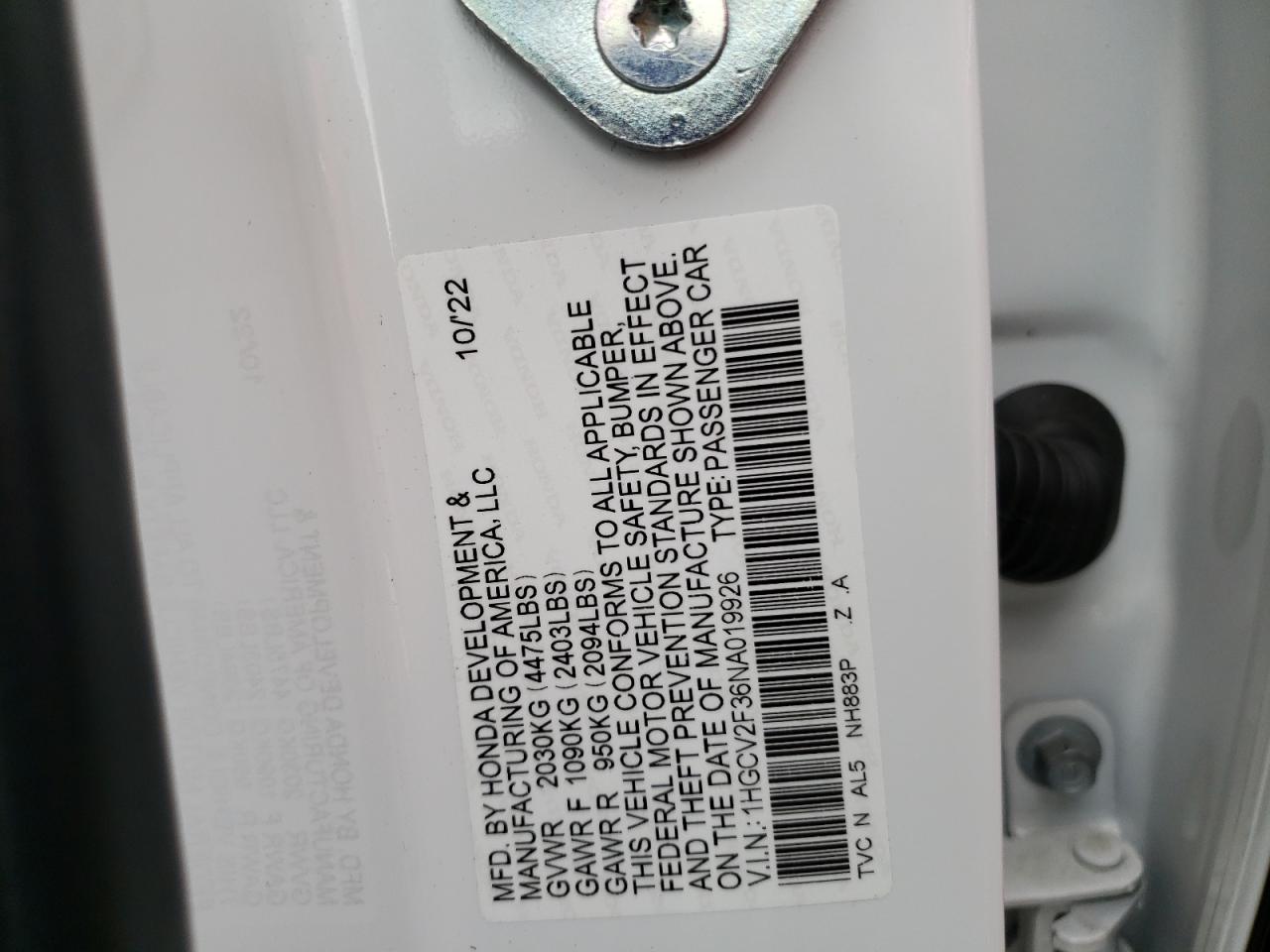 2022 HONDA ACCORD SPORT VIN:1HGCV2F36NA019926