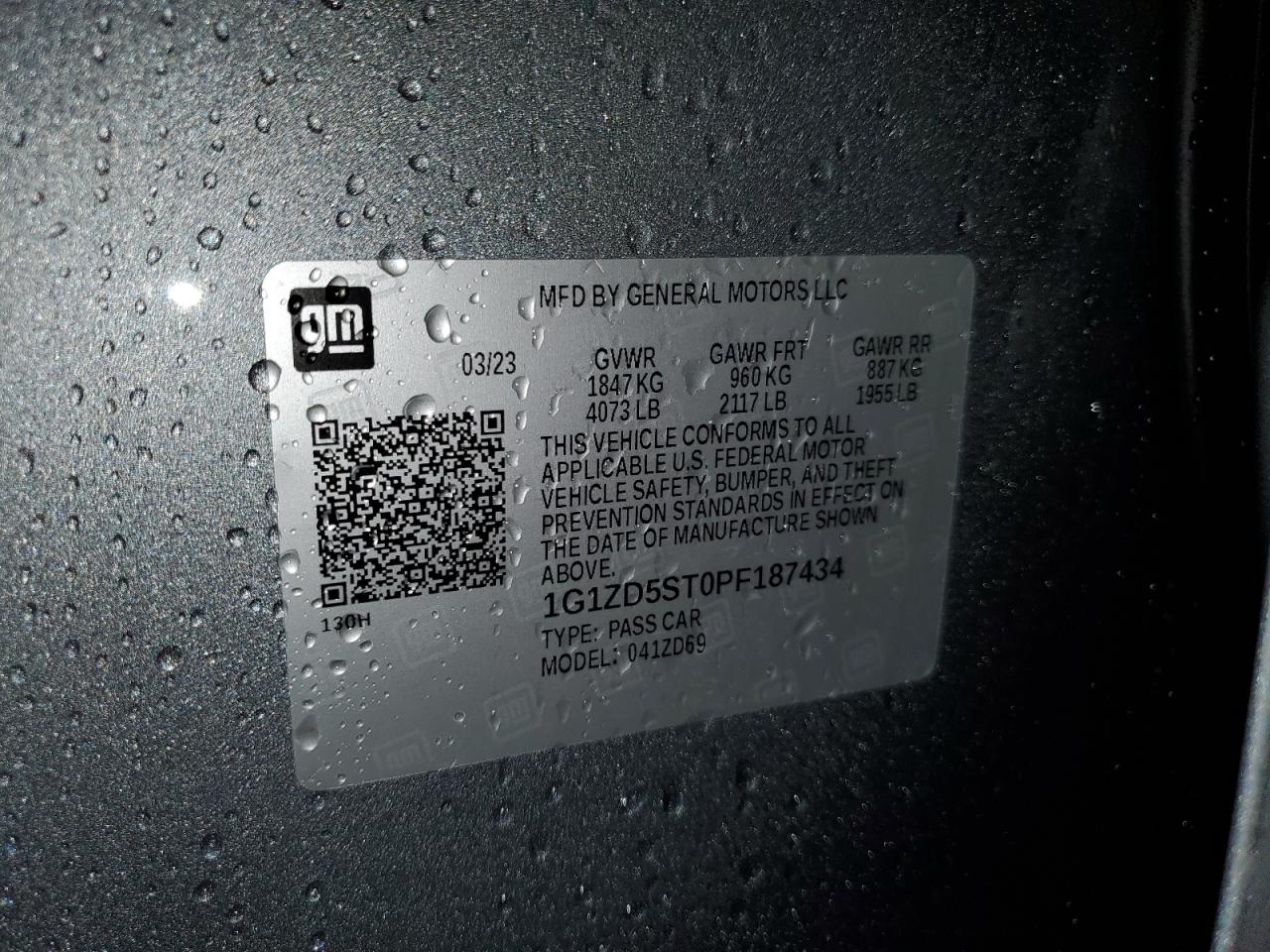 2023 CHEVROLET MALIBU LT VIN:1G1ZD5ST0PF187434