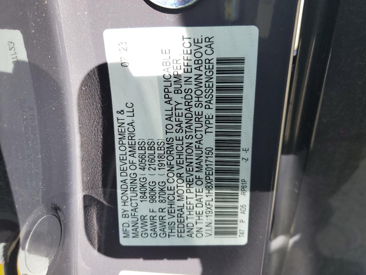 2023 HONDA CIVIC SPORT TOURING VIN:19XFL1H8XPE017150