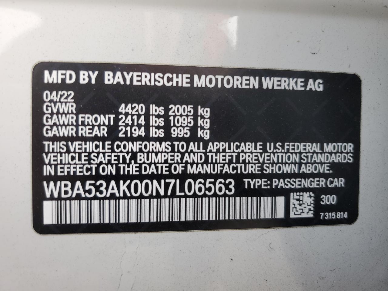 2022 BMW 228I VIN:WBA53AK00N7L06563