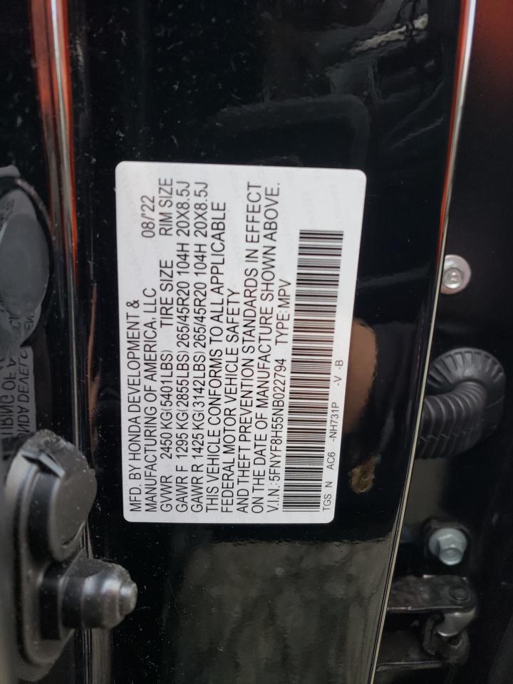 2022 HONDA PASSPORT EXL VIN:5FNYF8H55NB022794