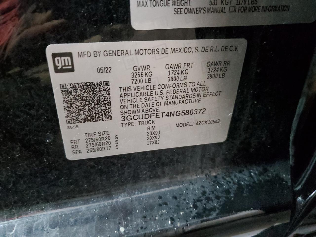 2022 CHEVROLET SILVERADO K1500 RST VIN:3GCUDEET4NG586372