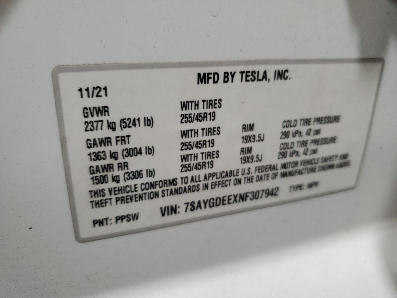 2022 TESLA MODEL Y VIN:7SAYGDEEXNF307942