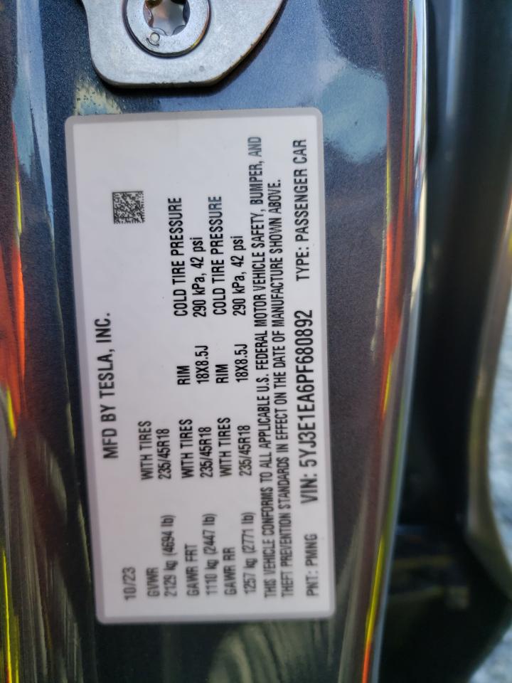 2023 TESLA MODEL 3 VIN:5YJ3E1EA6PF680892