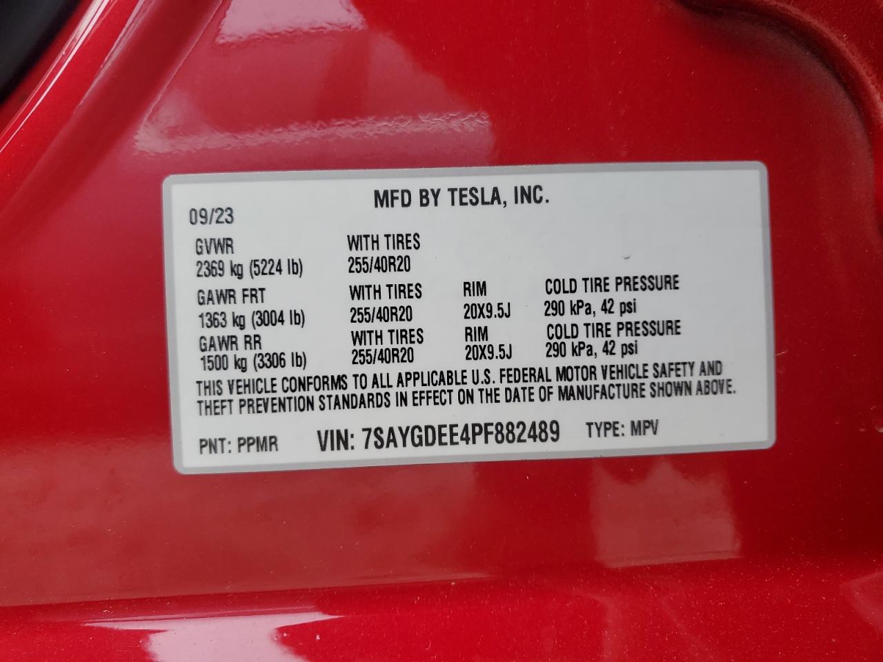 2023 TESLA MODEL Y VIN:7SAYGDEE4PF882489