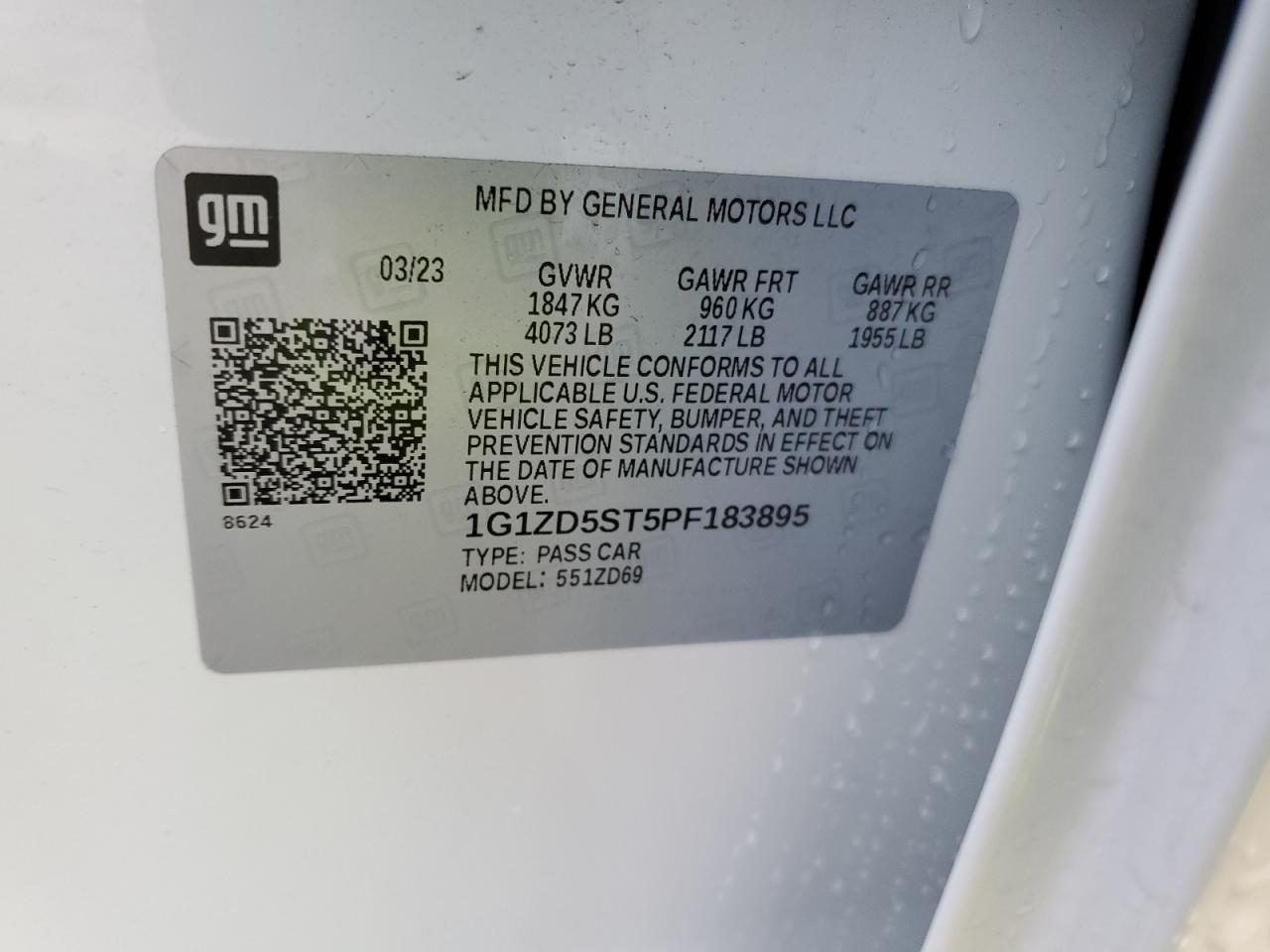 2023 CHEVROLET MALIBU LT VIN:1G1ZD5ST5PF183895