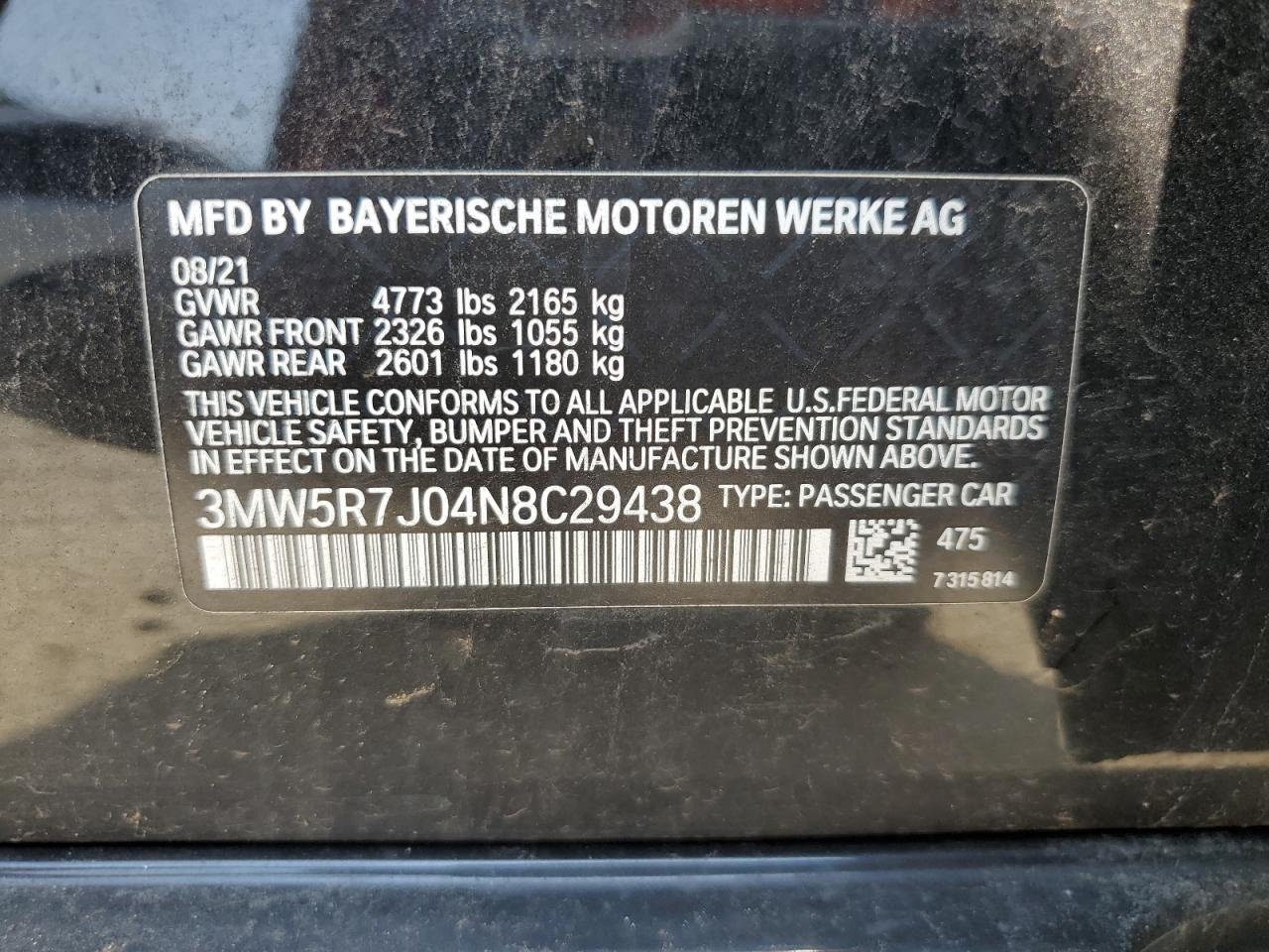2022 BMW 330XI VIN:3MW5R7J04N8C29438