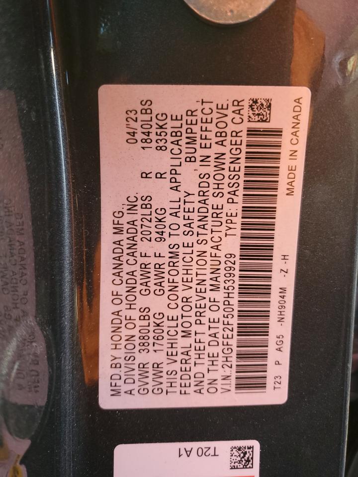 2023 HONDA CIVIC SPORT VIN:2HGFE2F50PH539929