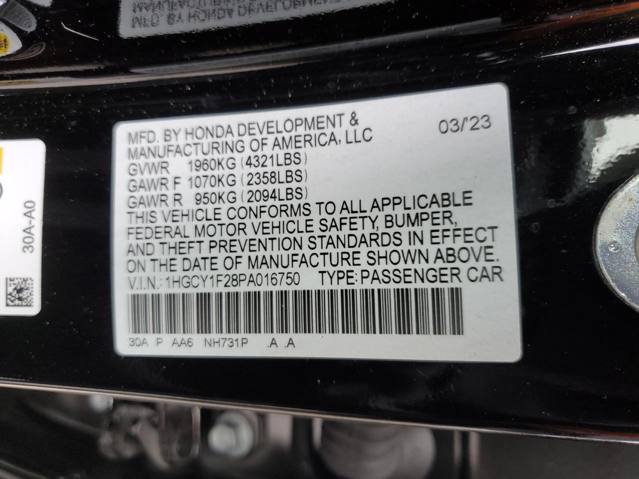 2023 HONDA ACCORD LX VIN:1HGCY1F28PA016750