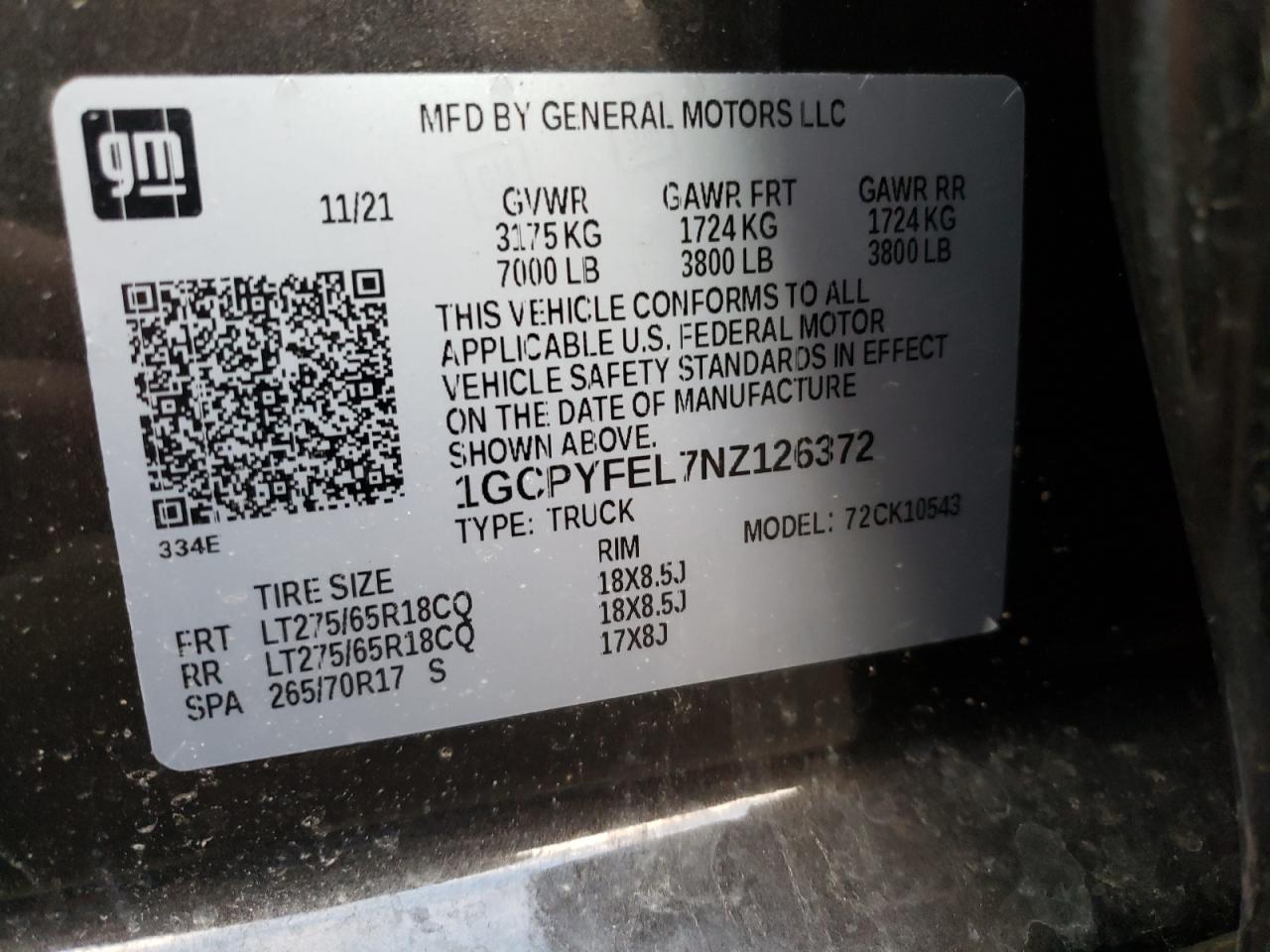 2022 CHEVROLET SILVERADO LTD K1500 LT TRAIL BOSS VIN:1GCPYFEL7NZ126372