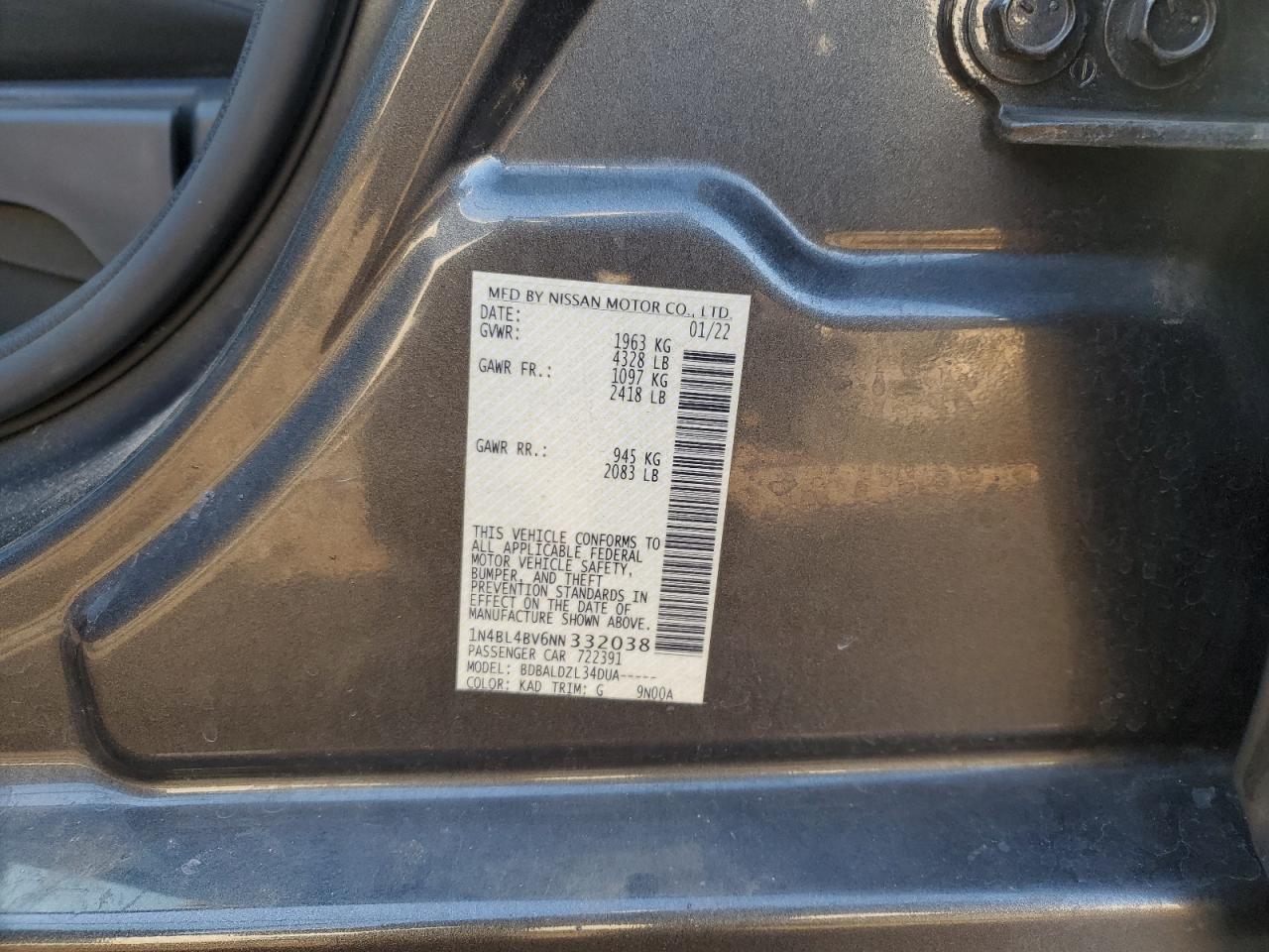 2022 NISSAN ALTIMA S VIN:1N4BL4BV6NN332038