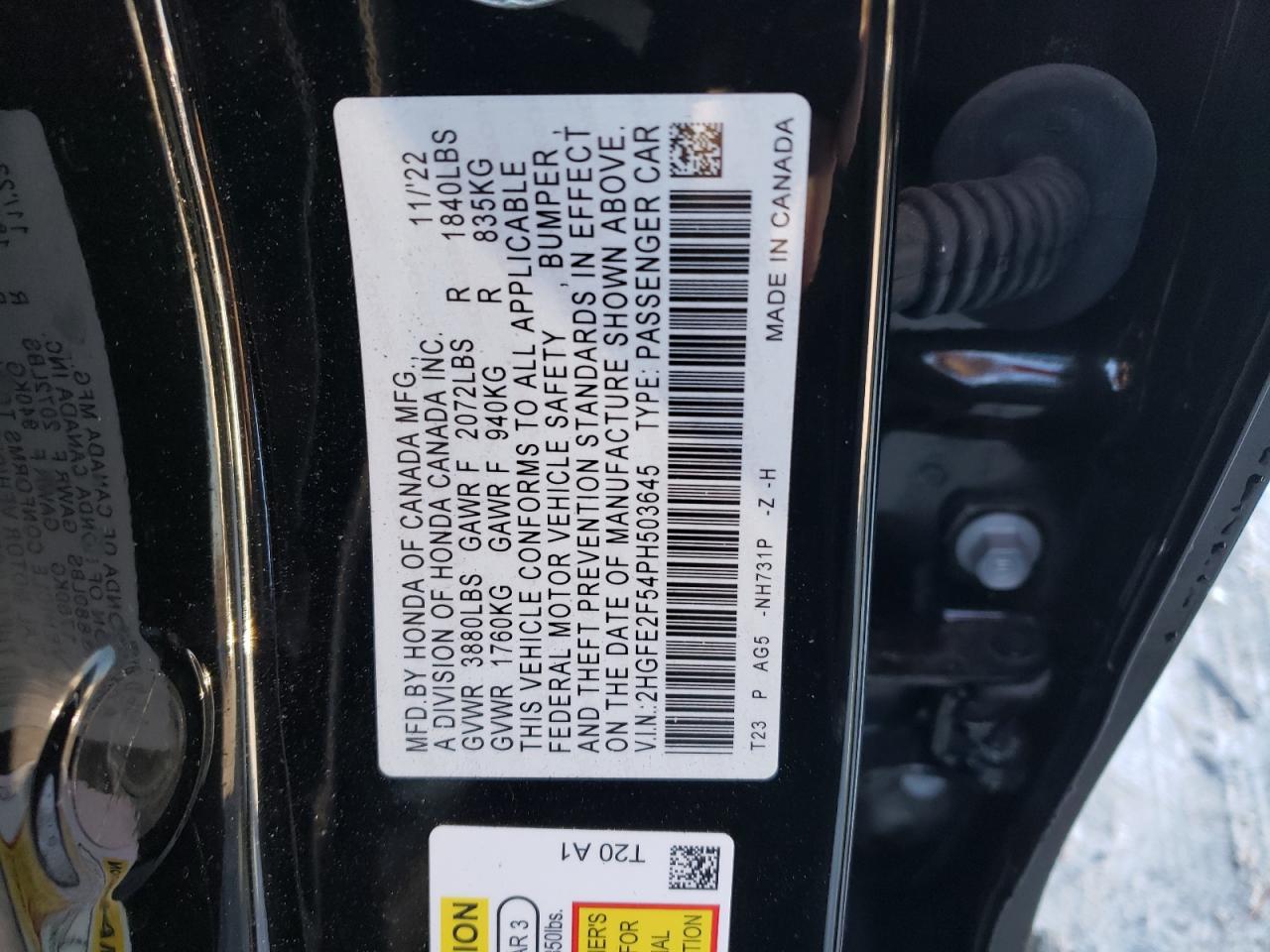 2023 HONDA CIVIC SPORT VIN:2HGFE2F54PH503645