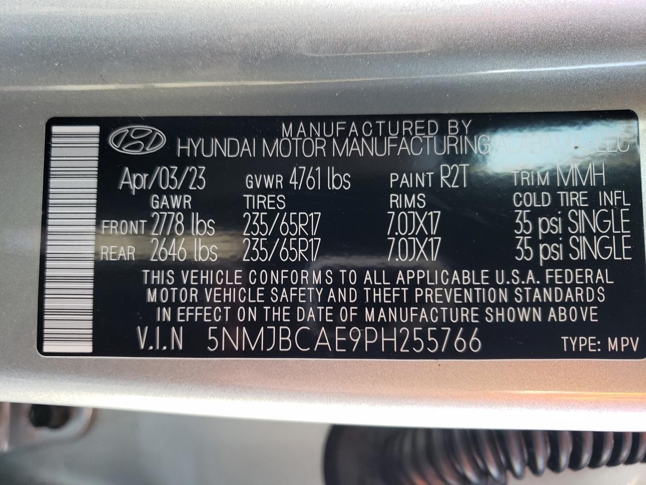 2023 HYUNDAI TUCSON SEL VIN:5NMJBCAE9PH255766