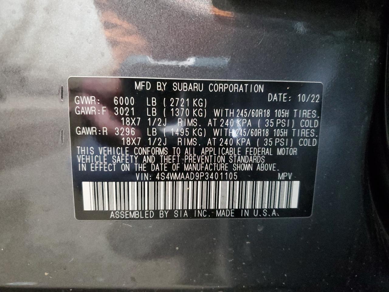 2023 SUBARU ASCENT VIN:4S4WMAAD9P3401105