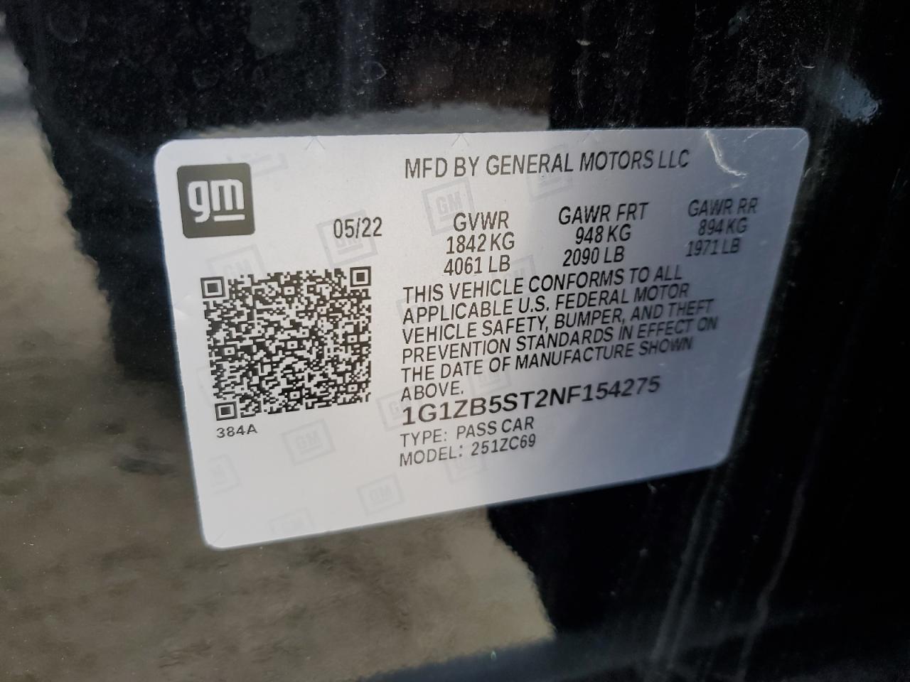 2022 CHEVROLET MALIBU LS VIN:1G1ZB5ST2NF154275