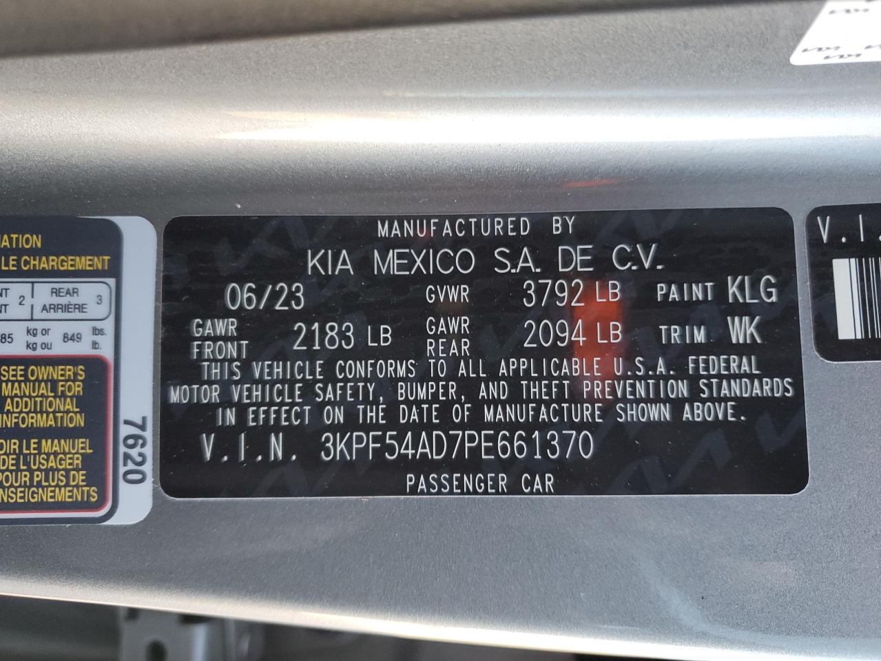 2023 KIA FORTE GT LINE VIN:3KPF54AD7PE661370
