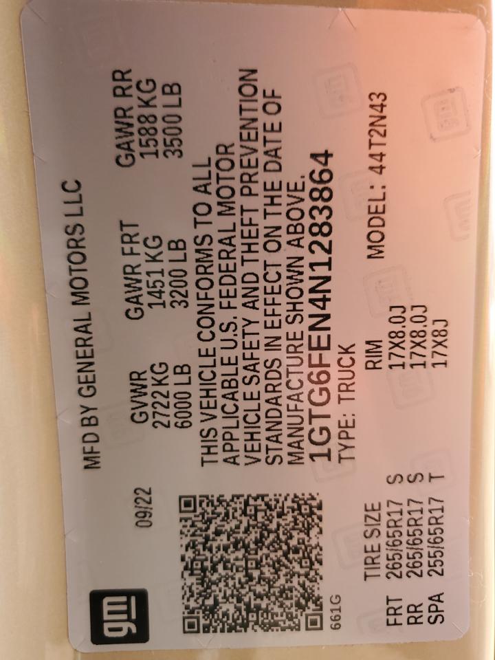 2022 GMC CANYON AT4 VIN:1GTG6FEN4N1283864