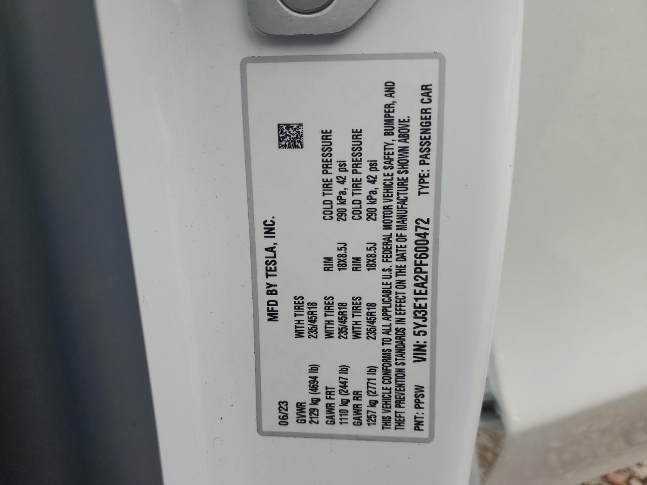 2023 TESLA MODEL 3 VIN:5YJ3E1EA2PF600472