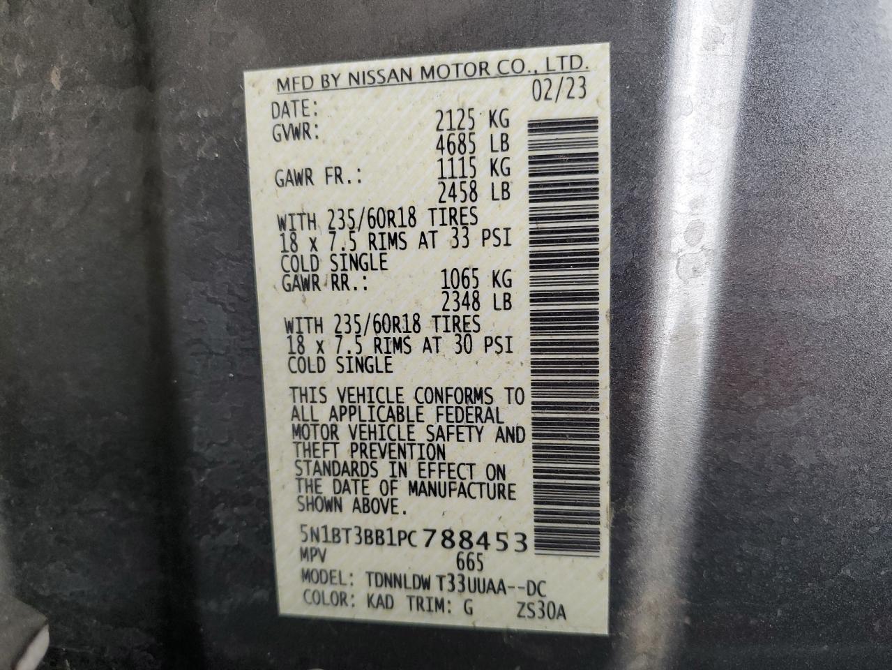 2023 NISSAN ROGUE SV VIN:5N1BT3BB1PC788453