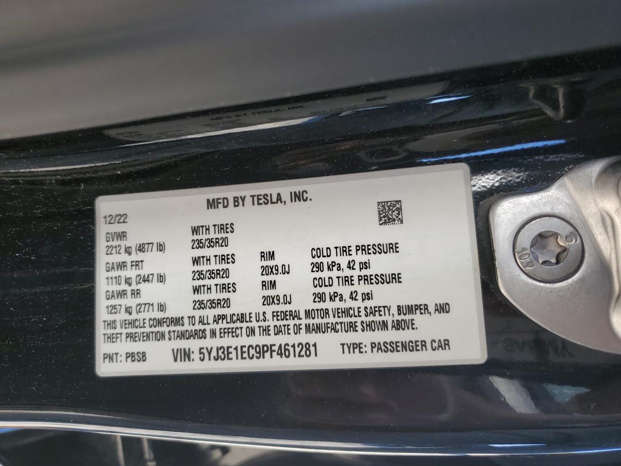 2023 TESLA MODEL 3 VIN:5YJ3E1EC9PF461281