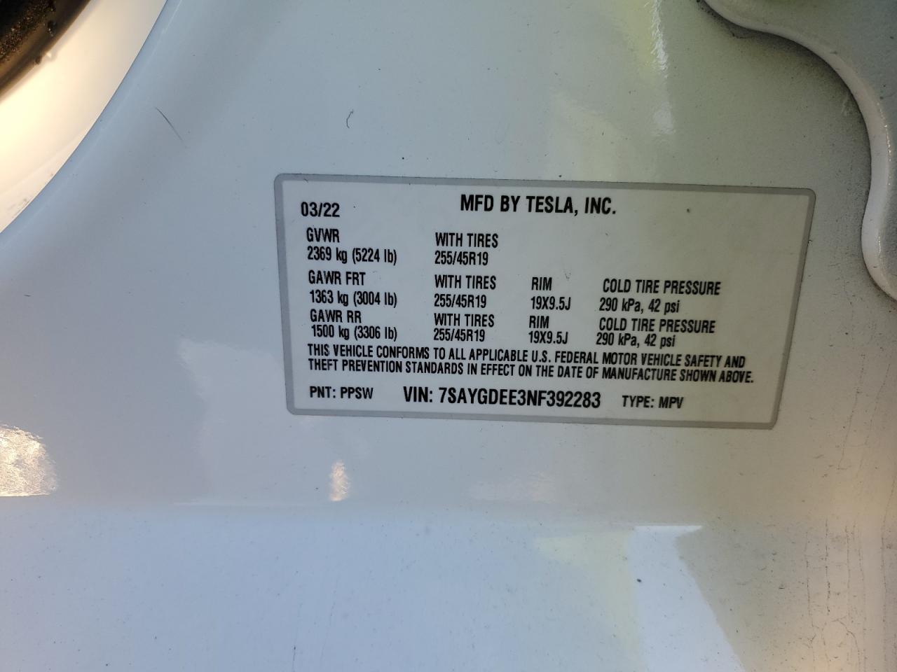 2022 TESLA MODEL Y VIN:7SAYGDEE3NF392283