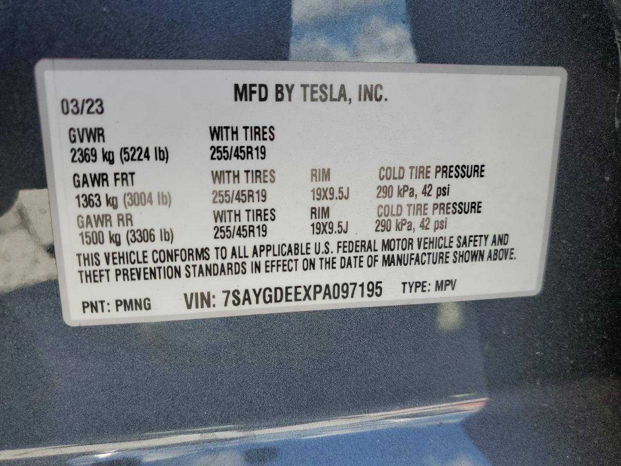 2023 TESLA MODEL Y VIN:7SAYGDEEXPA097195