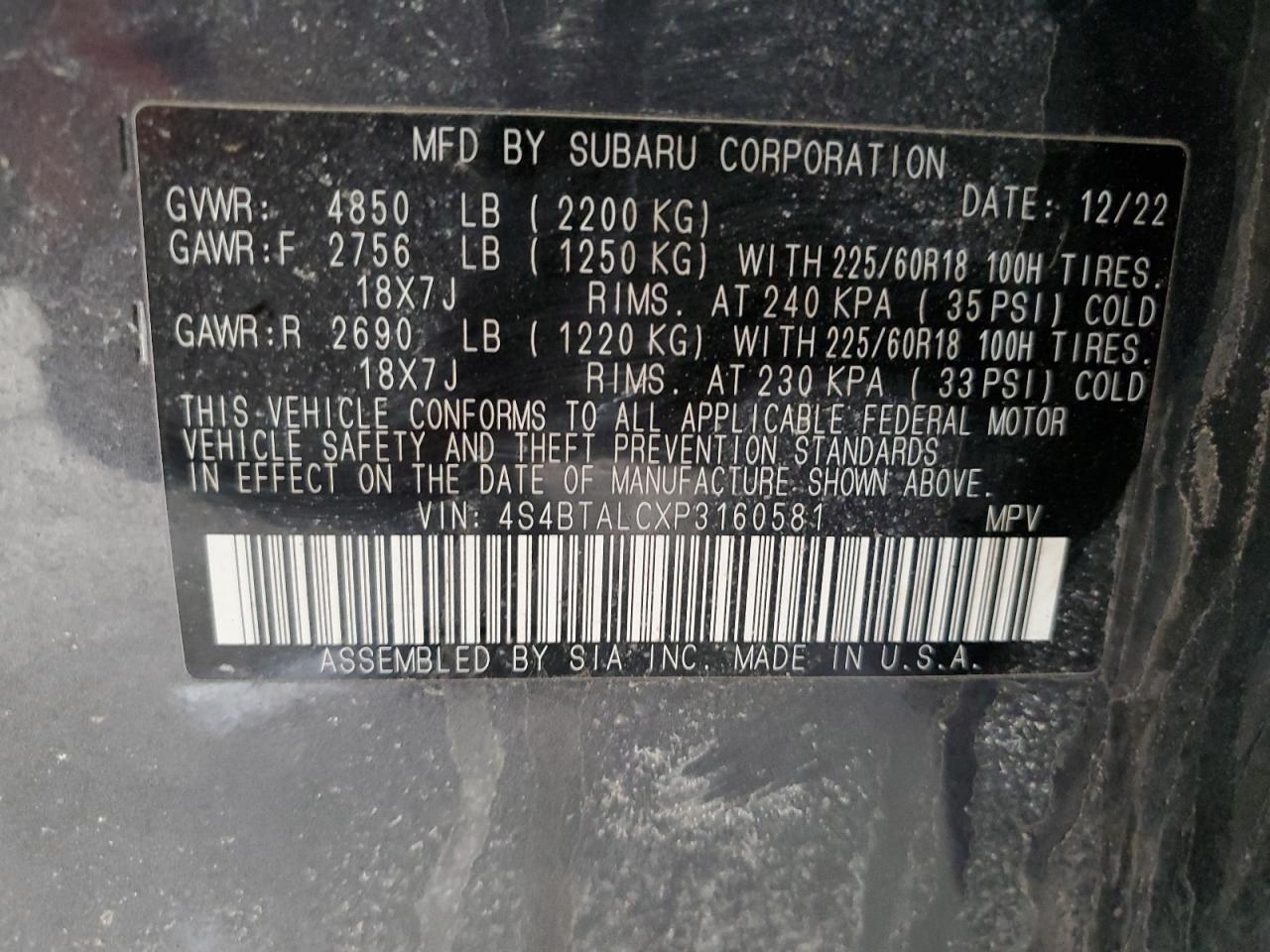 2023 SUBARU OUTBACK ONYX EDITION VIN:4S4BTALCXP3160581