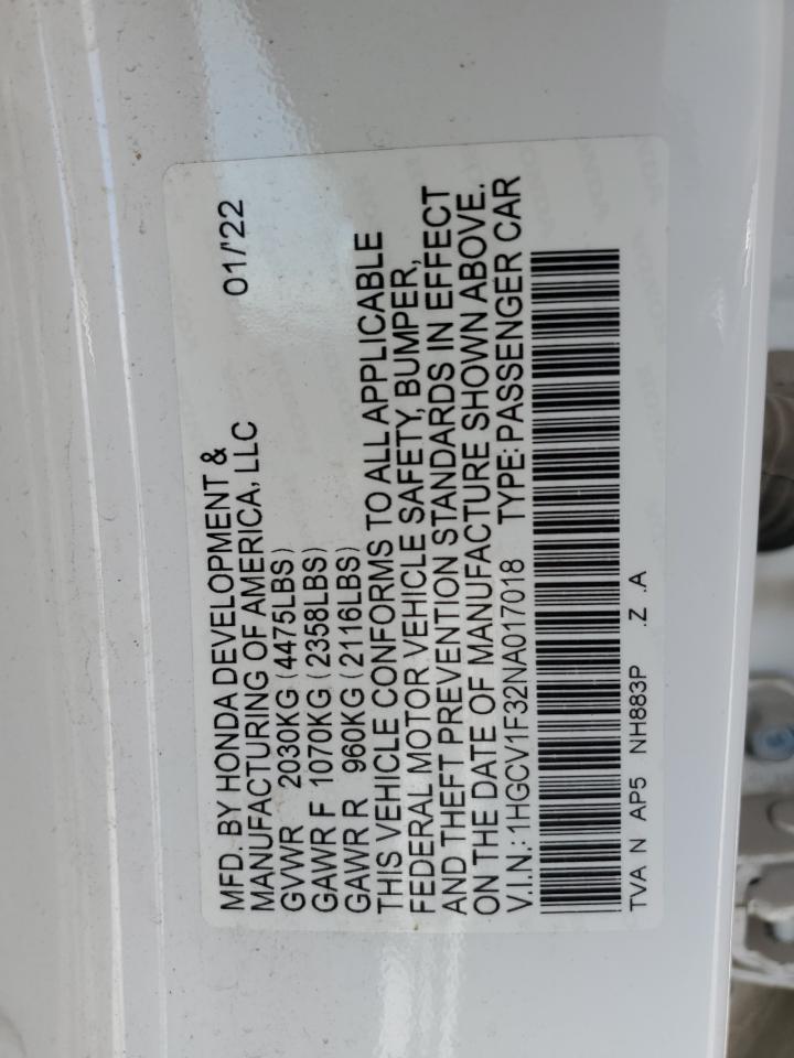 2022 HONDA ACCORD SPORT VIN:1HGCV1F32NA017018