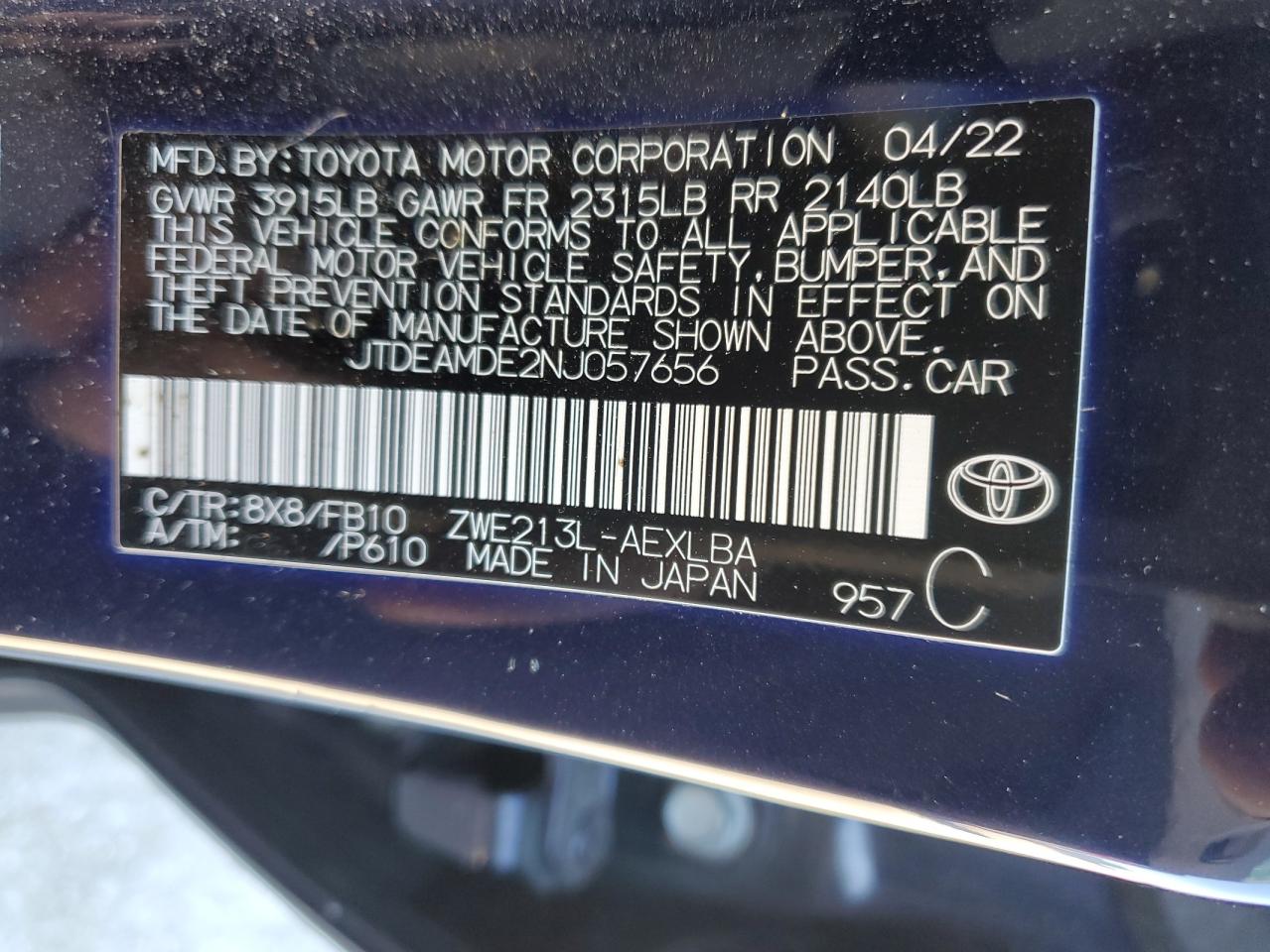 2022 TOYOTA COROLLA LE VIN:JTDEAMDE2NJ057656