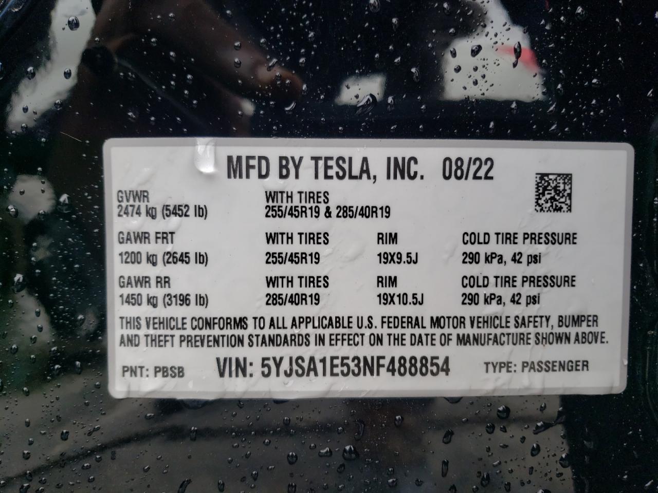2022 TESLA MODEL S VIN:5YJSA1E53NF488854