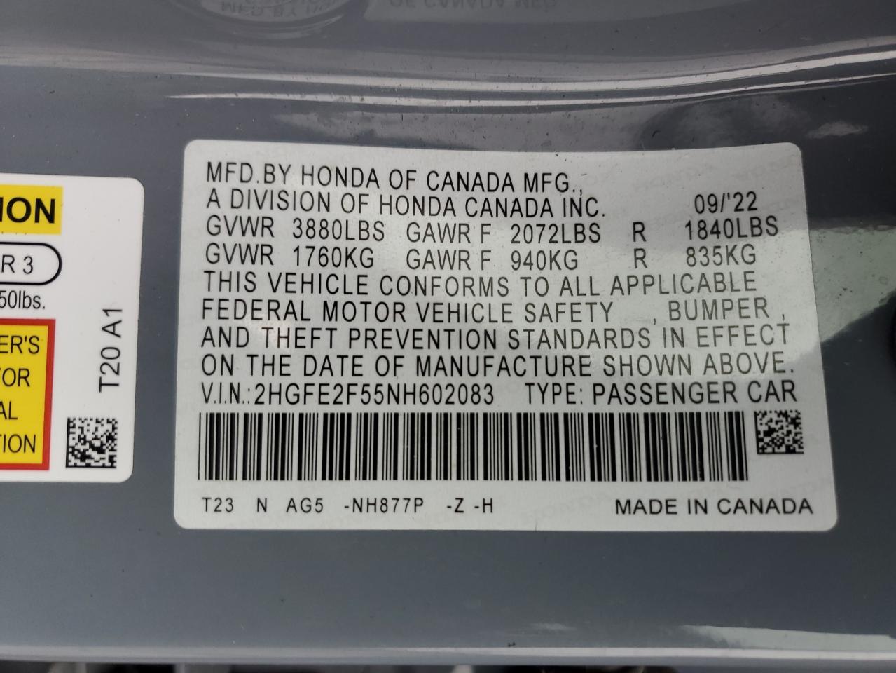 2022 HONDA CIVIC SPORT VIN:2HGFE2F55NH602083