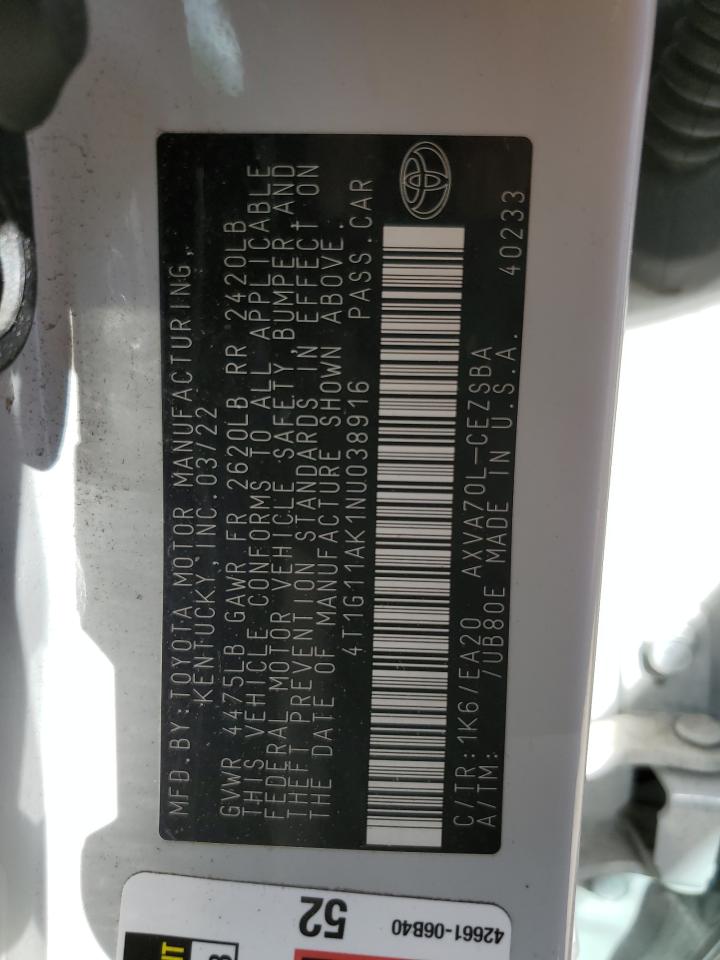 2022 TOYOTA CAMRY SE VIN:4T1G11AK1NU038916